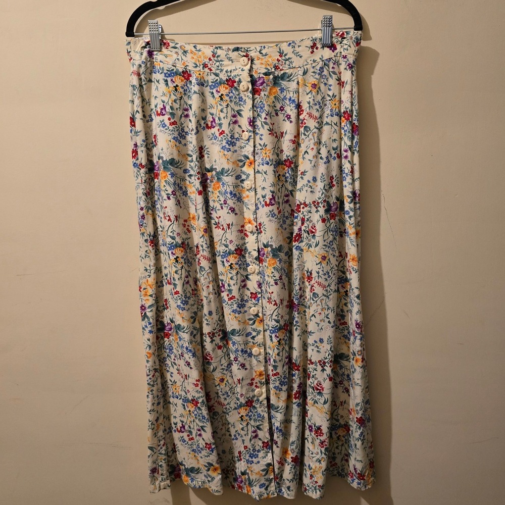 Vintage 90s Sag Harbor Maxi Skirt Women Medium Cream Floral Button Front Rayon